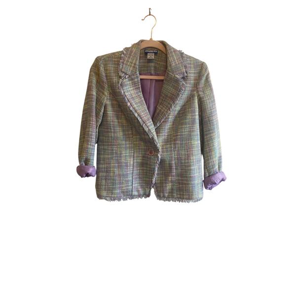 Notches Pastel Patchwork Raw Hem Button Up Small Quirky Retro Vintage Blazer - Picture 1 of 8
